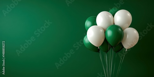 Green and white balloons grouped together on a solid green background for a festive celebration