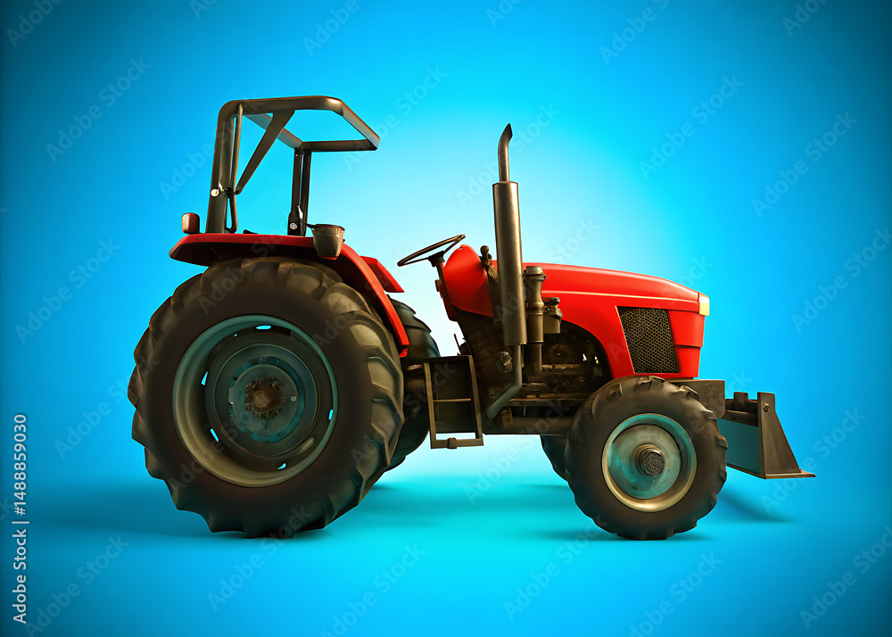 Obraz premium Red Tractor on a Vivid Blue Background