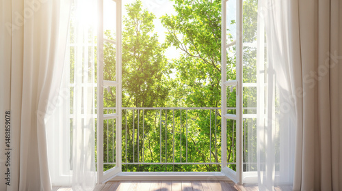 French Doors Opening to Balcony with Leafy Green Tree View, Nature and Relaxation Concept

