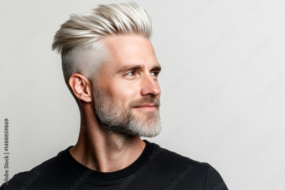 Obraz premium A warm and friendly man radiating happiness. Trendy men's short caesar haircut - midlife white man with blond hair. Pure white solid background. Idea art of style for aging men.