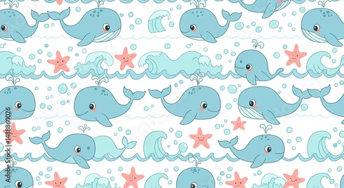 Seamless pattern with cute cartoon whales starfish and waves on a white background