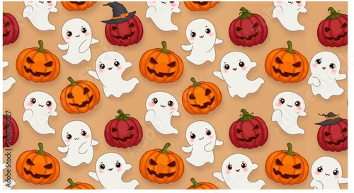 Seamless pattern with cartoon pumpkins and ghosts on a beige background