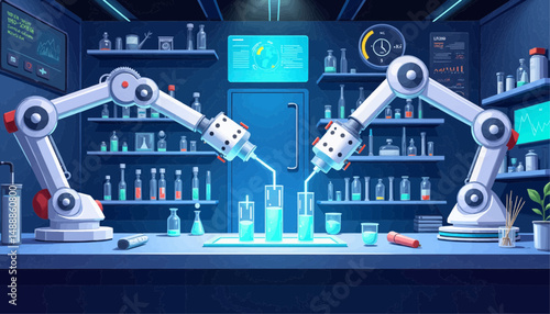 Robotic arms mixing liquids in a futuristic laboratory setting  