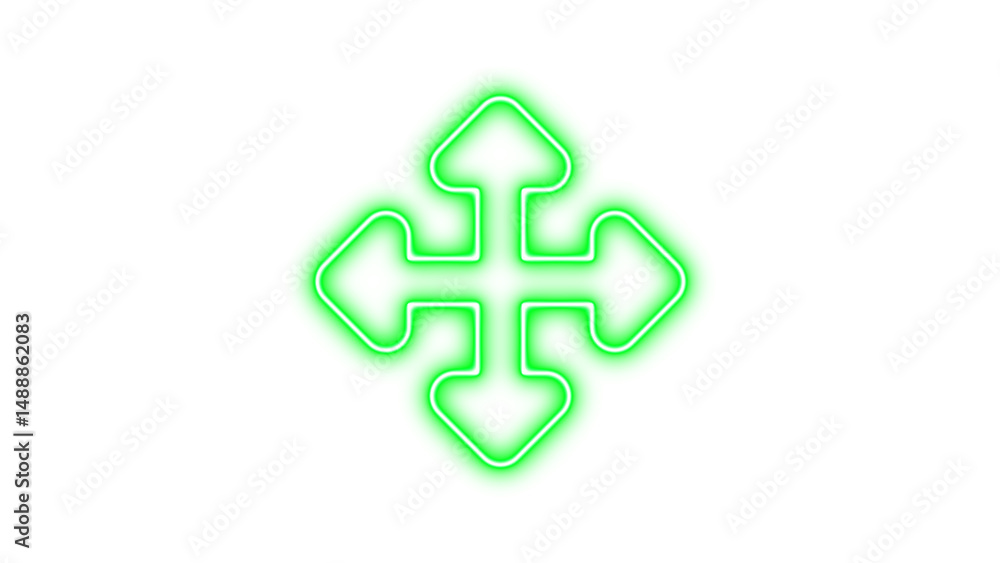 Obraz premium Glowing Geometric Symbol with Arrows, Neon up down left right icon glow with transparent background