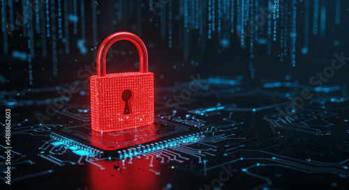 Red digital lock on microchip with secure data flow, ideal for cybersecurity, protection, and secure network design