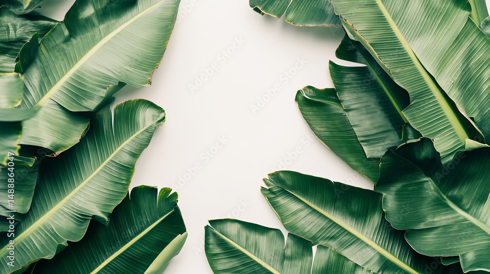 Obraz premium Tropical Lush Green Banana Leaves Frame White Background Elegant Nature Botanical Summer Design Illustration Photo Print Tropical Foliage Decoration Greenery art palm 