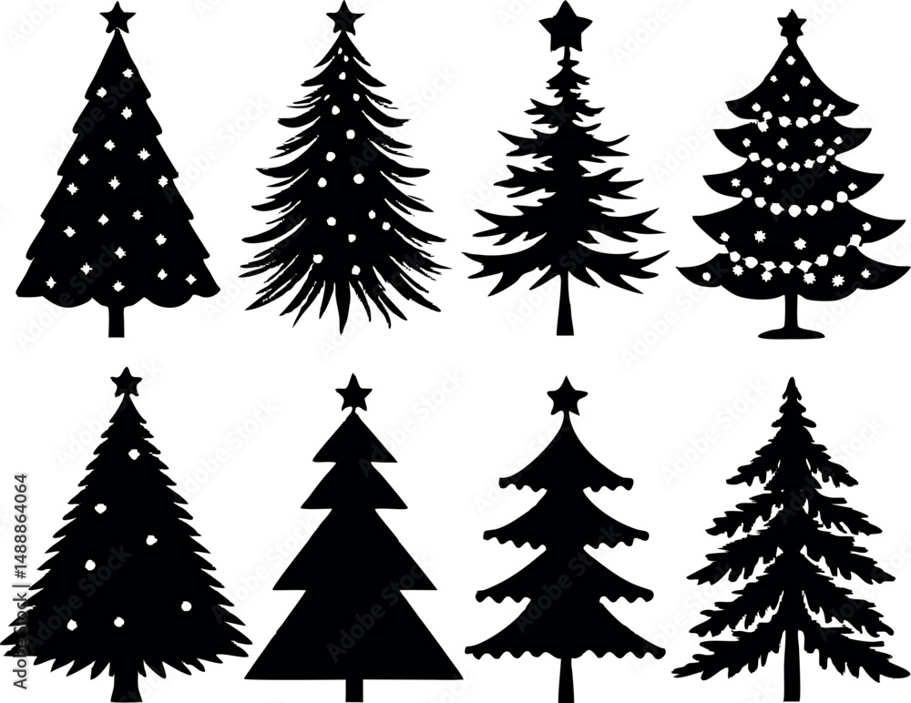Obraz premium Fir trees silhouettes set. Coniferous spruce horizontal background patterns, black evergreen woods vector illustration. 