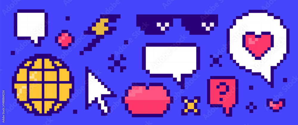 Fototapeta premium Set of colorful pixel art social media and internet icons: speech bubbles, heart, cursor, globe, glasses, lips, lightning, question mark. Retro 8 bit style.