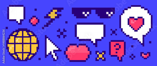 Set of colorful pixel art social media and internet icons: speech bubbles, heart, cursor, globe, glasses, lips, lightning, question mark. Retro 8 bit style.