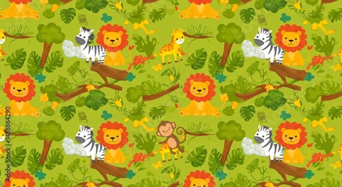 Seamless pattern with cartoon animals in a jungle setting