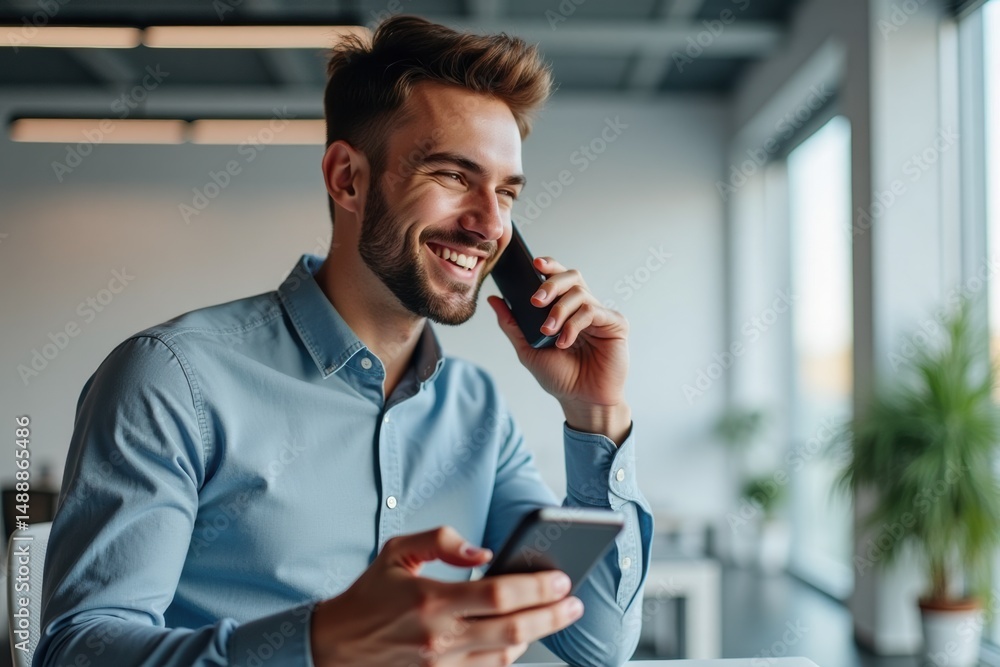 Young man talking on smartphone while smiling in modern office Young man talking on smartphone while smiling in modern office