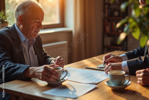 Elderly man discussing paperwork while holding a coffee cup at desk  