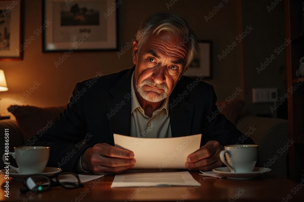 Elderly man reading a letter in a dimly lit living room Elderly man reading a letter in a dimly lit living room