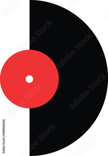 Vinyl record icon with red center and black half circle design vector illustration simple music symbol 