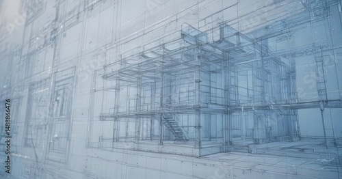 Abstract architectural blueprint with blue photographic tint, textured paper effect , construction, blue