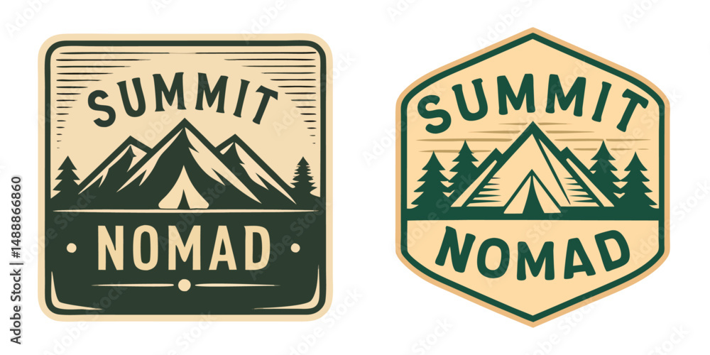 Obraz premium Square-shaped mountain badge logo titled 'Summit Nomad' and Hexagon-style mountain crest logo reading 'Summit Nomad', perfect for outdoor lifestyle, adventure campaigns, or trekking apparel designs.