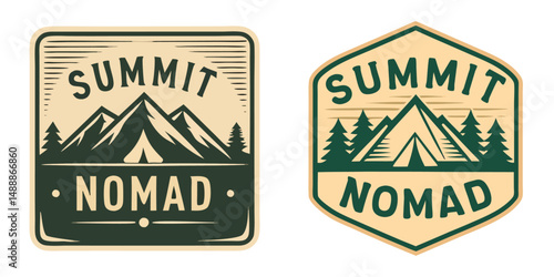 Square-shaped mountain badge logo titled 'Summit Nomad' and Hexagon-style mountain crest logo reading 'Summit Nomad', perfect for outdoor lifestyle, adventure campaigns, or trekking apparel designs.