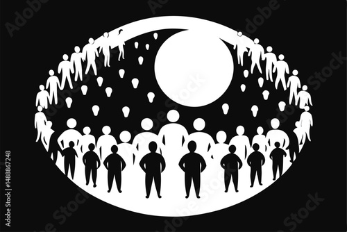 realistic dark graphic illustration, surreal design, silhouette people in elliptical pattern, full moon, starry night sky, high contrast, monochrome, digital art, minimalist style
