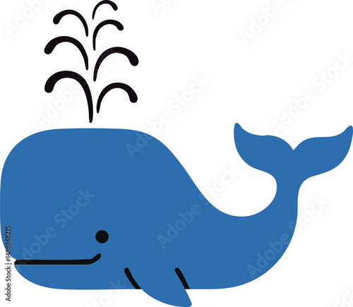 Blue whale cartoon vector illustration with water splash and smiling face in simple style 