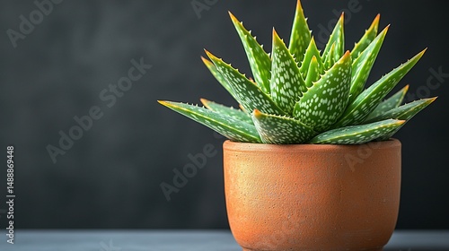 Succulent in terracotta pot against dark background