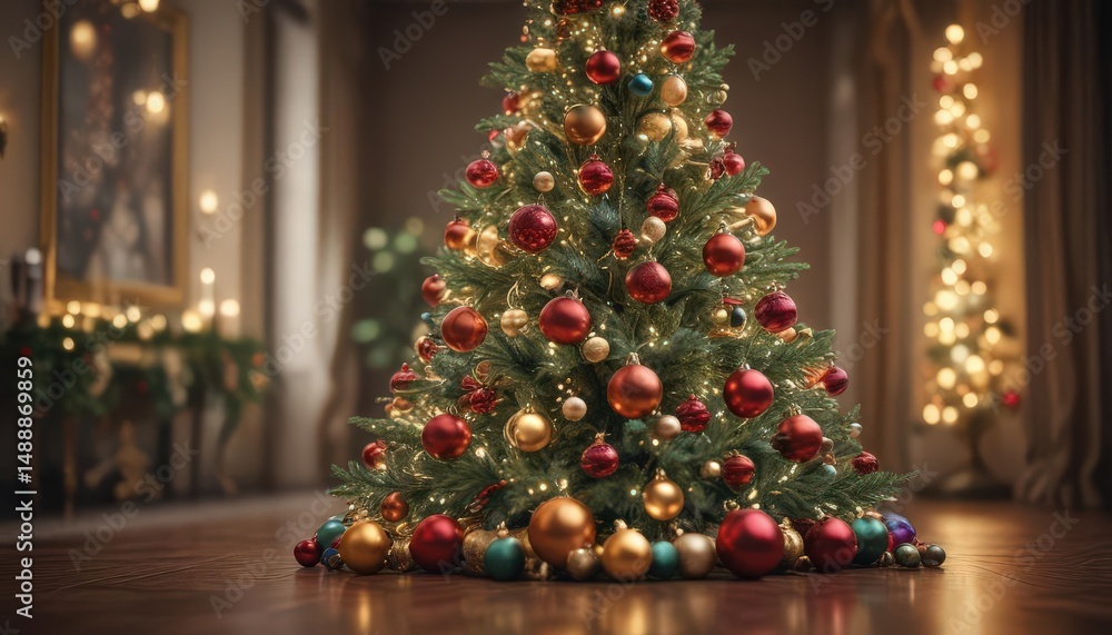 Ornate Christmas tree, vibrant baubles, soft bokeh lights, holiday, bokeh, bright Ornate Christmas tree, vibrant baubles, soft bokeh lights, holiday, bokeh, bright