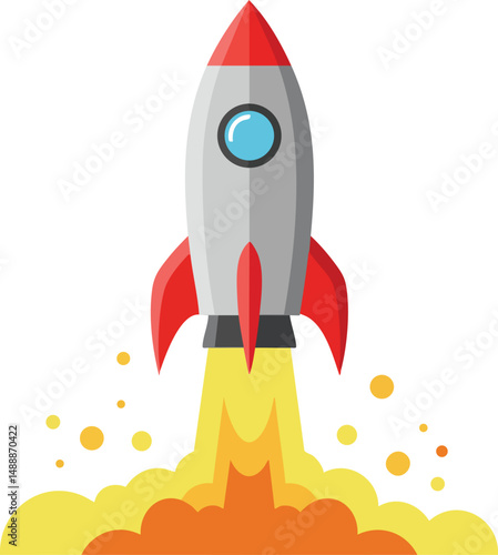 Rocket launching with red fins and flames in simple vector illustration style for space exploration and technology concepts