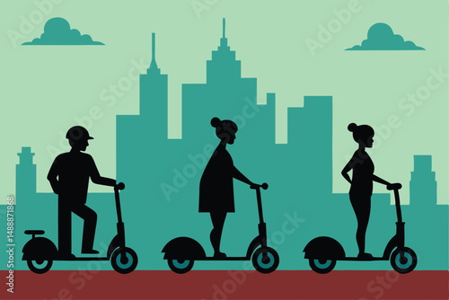 people riding scooters and kick scooters in a city skyline, minimalist vector illustration, clean lines, flat design, vibrant colors
