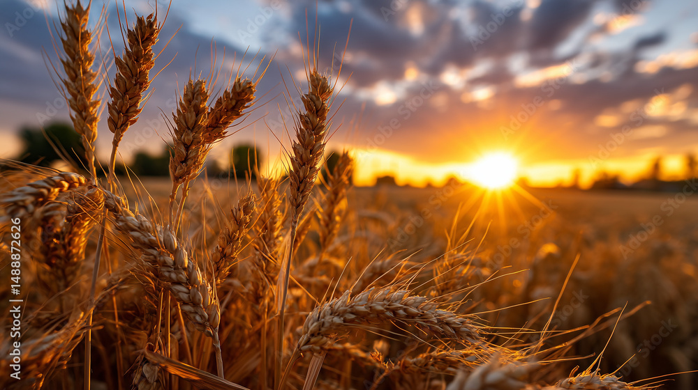 Fototapeta premium the setting sun with a view of the wheat field in the distance
