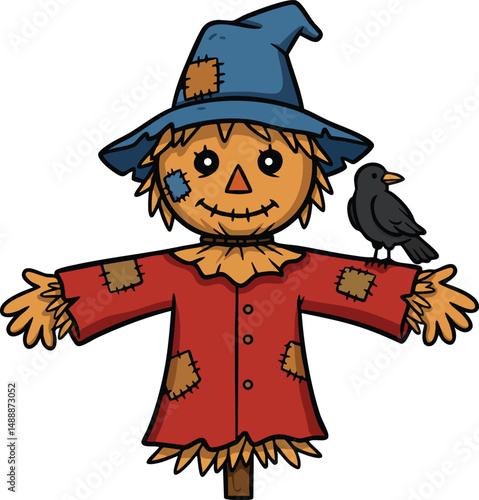 Scarecrow with blue hat and red patched shirt holding crow on arm autumn harvest decoration vector illustration 