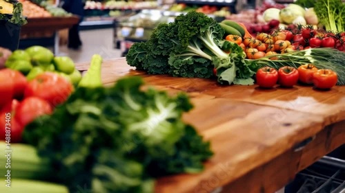 Fresh produce display featuring kale tomatoes and other vegetables on a wooden table top view shot