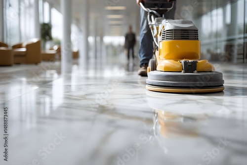Professional floor cleaning machine with yellow scrubbing pad polishing a shiny marble floor in a bright, modern interior space