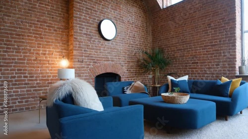 Interior showcasing blue sofas and exposed brick wall with fireplace and round mirror above it all