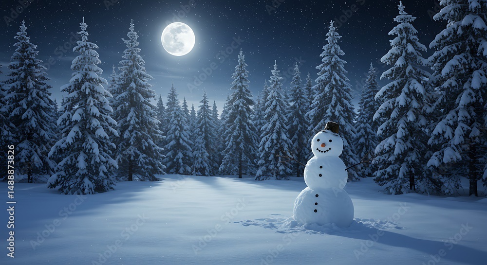 Fototapeta premium Smiling Snowman Wearing a Top Hat in a Snowy Field with Falling Snowflakes – Christmas and Winter Celebration Scene