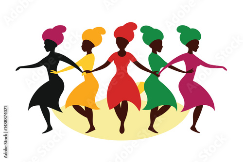 colorful silhouettes of dancing women, traditional african tribal dress, abstract vibrant patterns, lively motion, energetic movement, dynamic female figures, joyful celebration, cultural expression, 