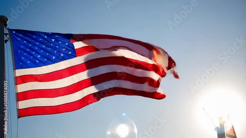 American flag waving against a blue sky with bright sunlight creating a lens flare effect