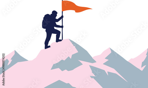 Mountain climber standing on snowy peak holding red flag achievement success concept vector illustration 