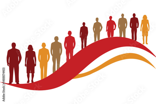 detailed digital illustration, people silhouettes in shades of red and yellow on a wave-like background, simple and minimalist style, elegant and refined, high resolution, cinematic, 4k
