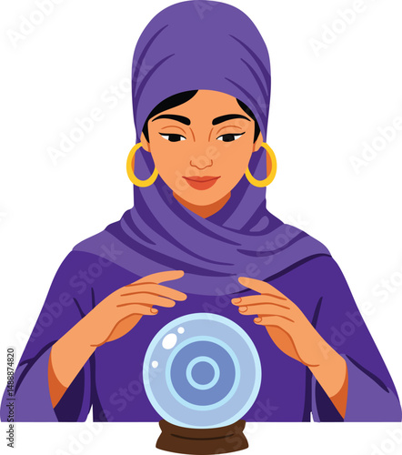 Woman in purple headscarf and robe gazing into glowing crystal ball fortune teller vector illustration 