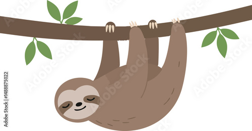Sloth hanging on tree branch with green leaves cute animal vector illustration 