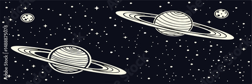 Two Planets with Rings in Space, Stars Background