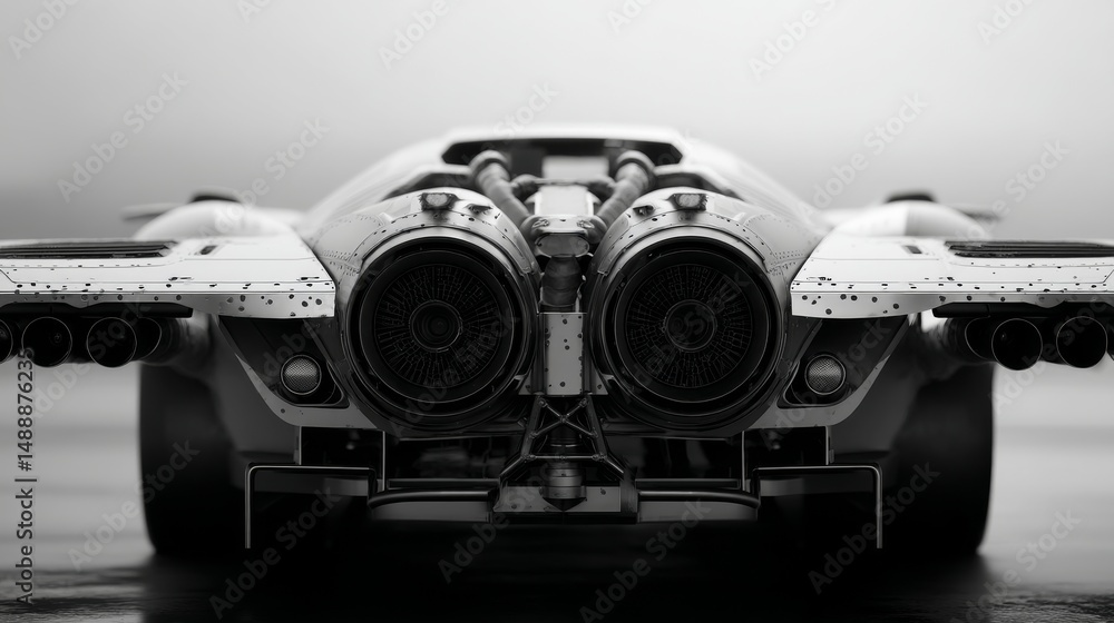A striking black-and-white image of a futuristic vehicle's rear view. A striking black-and-white image of a futuristic vehicle's rear view.