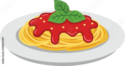 Spaghetti pasta with red tomato sauce and fresh green basil leaves vector illustration on white plate 