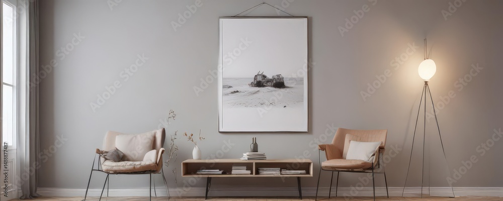 Fototapeta premium Stylish home, poster hanging with clips against bright wall, clean, graphic, idea