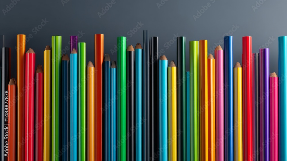 Obraz premium A vibrant collection of colored pencils arranged neatly on a dark background.
