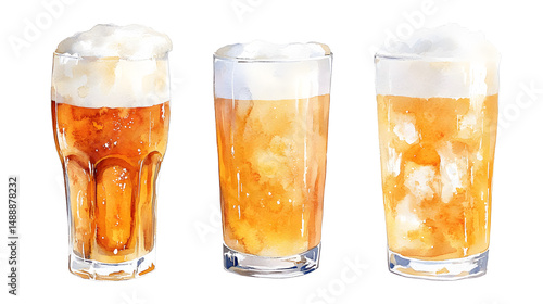 Glass of light beer with foam head. Watercolor illustration on white background. Alcoholic beverage in pint glass. Bar and pub drink concept