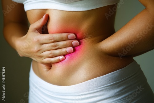 Wallpaper Mural Woman clutching her abdomen with a red glow indicating pain or discomfort in the area of the stomach Torontodigital.ca