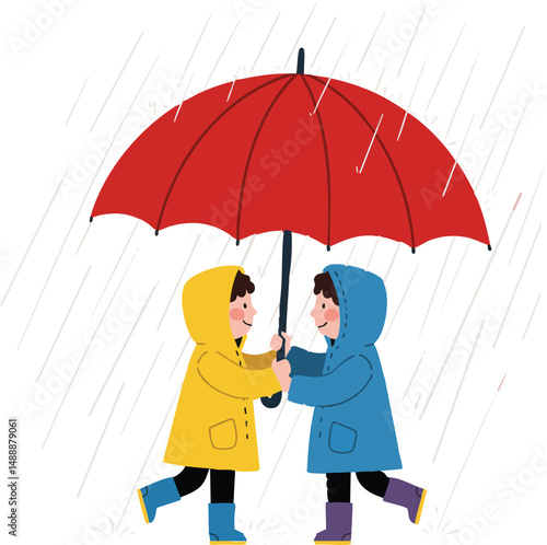 Children sharing red umbrella in rain wearing yellow and blue raincoats with rain boots vector illustration 
