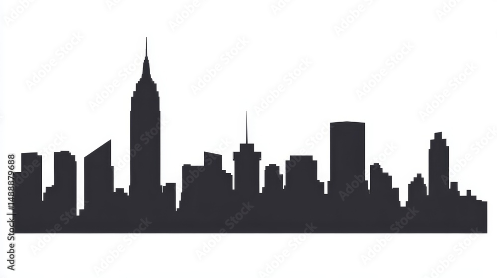 Naklejka premium Abstract cityscape silhouette isolated on white background, cut out, modern urban skyline shape with clean edges, minimalistic design emphasizing city structure.