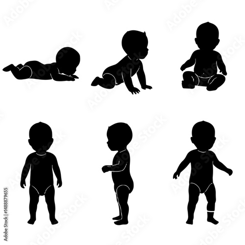 Six silhouette illustrations of babies in various crawling poses  
