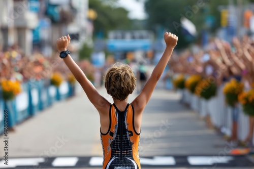 Young triathlete crossing the finish line, arms raised in victory, wearing a triathlon suit, with the finish line and cheering crowd softly blurred in the background.